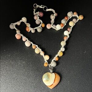 Vintage Jasper Bead & Heart Pendant 22” Necklace